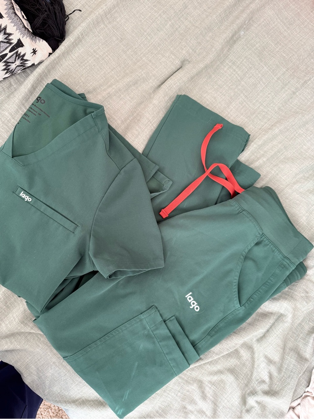 lago Women’s Forest Green Scrub Set with Coral Drawstring